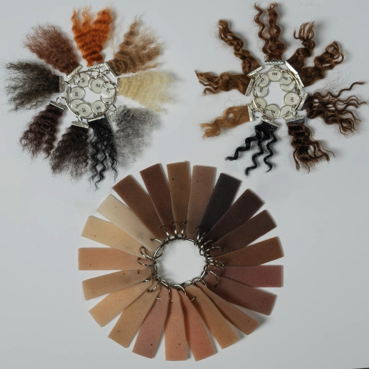 Hair and color samples laid out in circles
